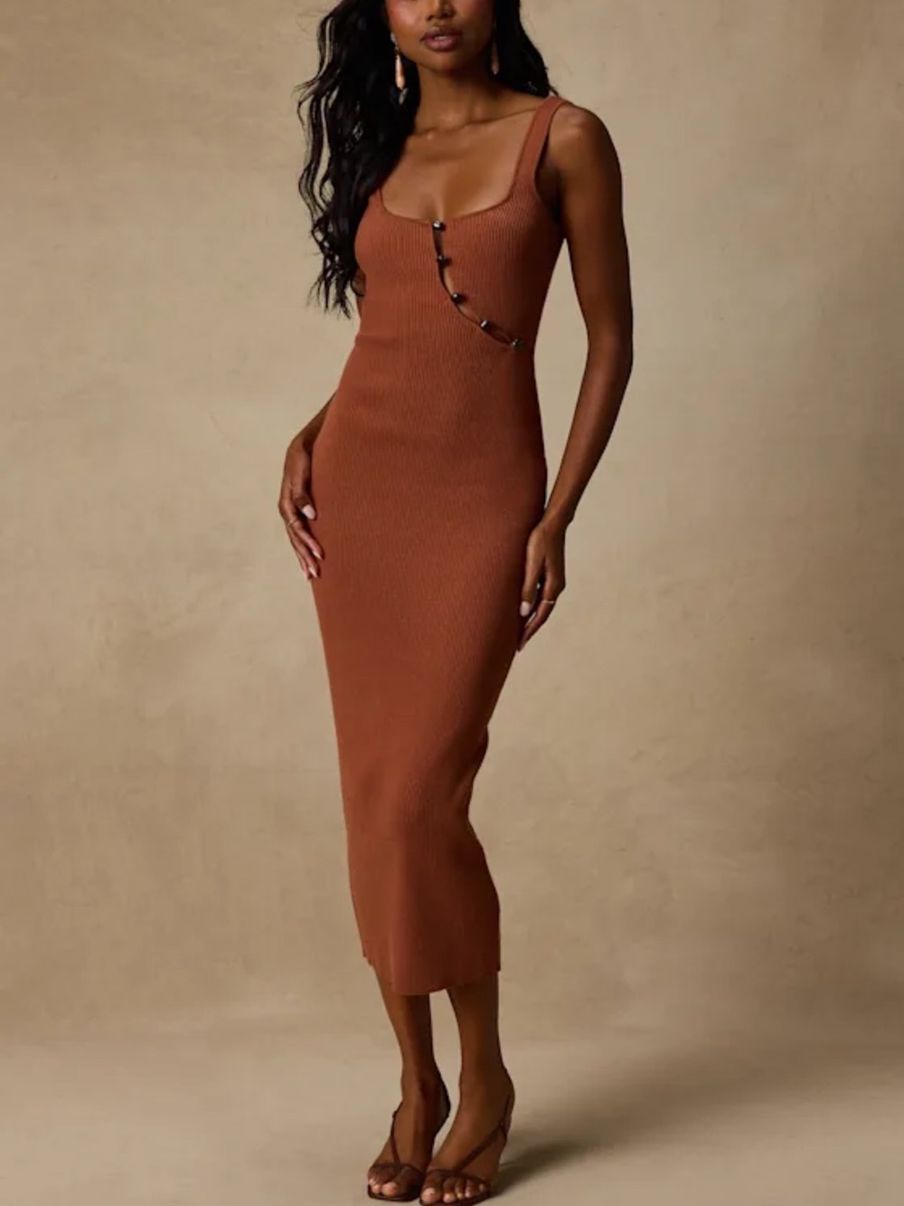 Brown Ribbed Knit Cutout Midi Dress